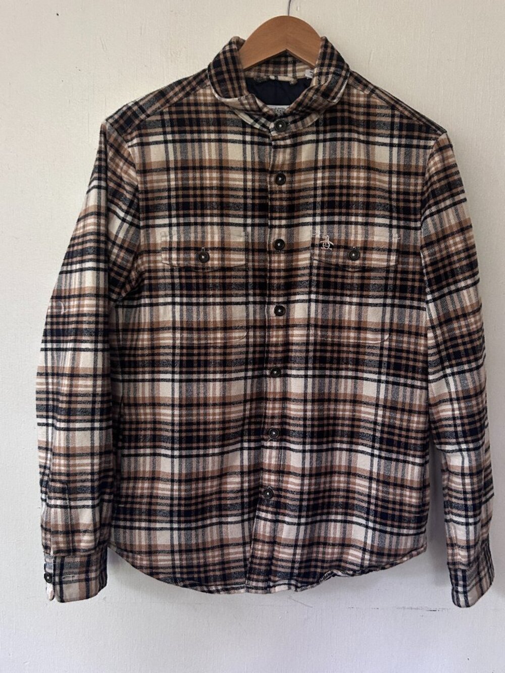 Penguin Mens Shacket Brown Plaid Size Small Button Front Collared Grunge